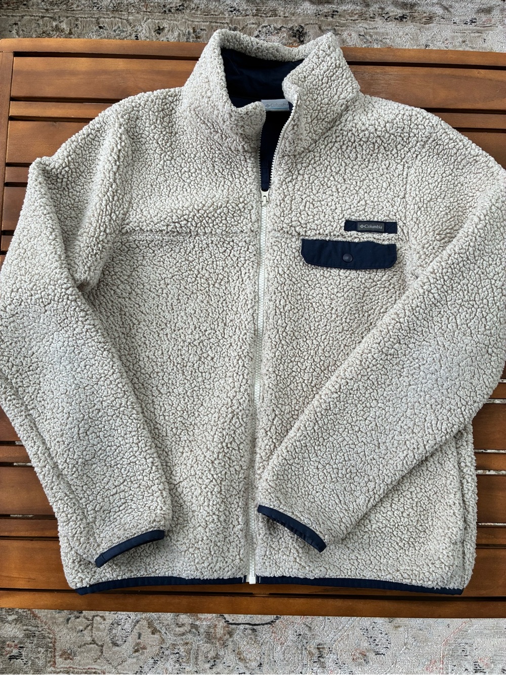 Columbia Kids Cream Sherpa Fleece Jacket with Navy Trim